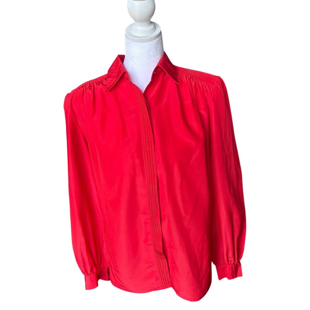 Vintage Lilli Ann Red Pleated Silk Blouse Top Solid Retro M